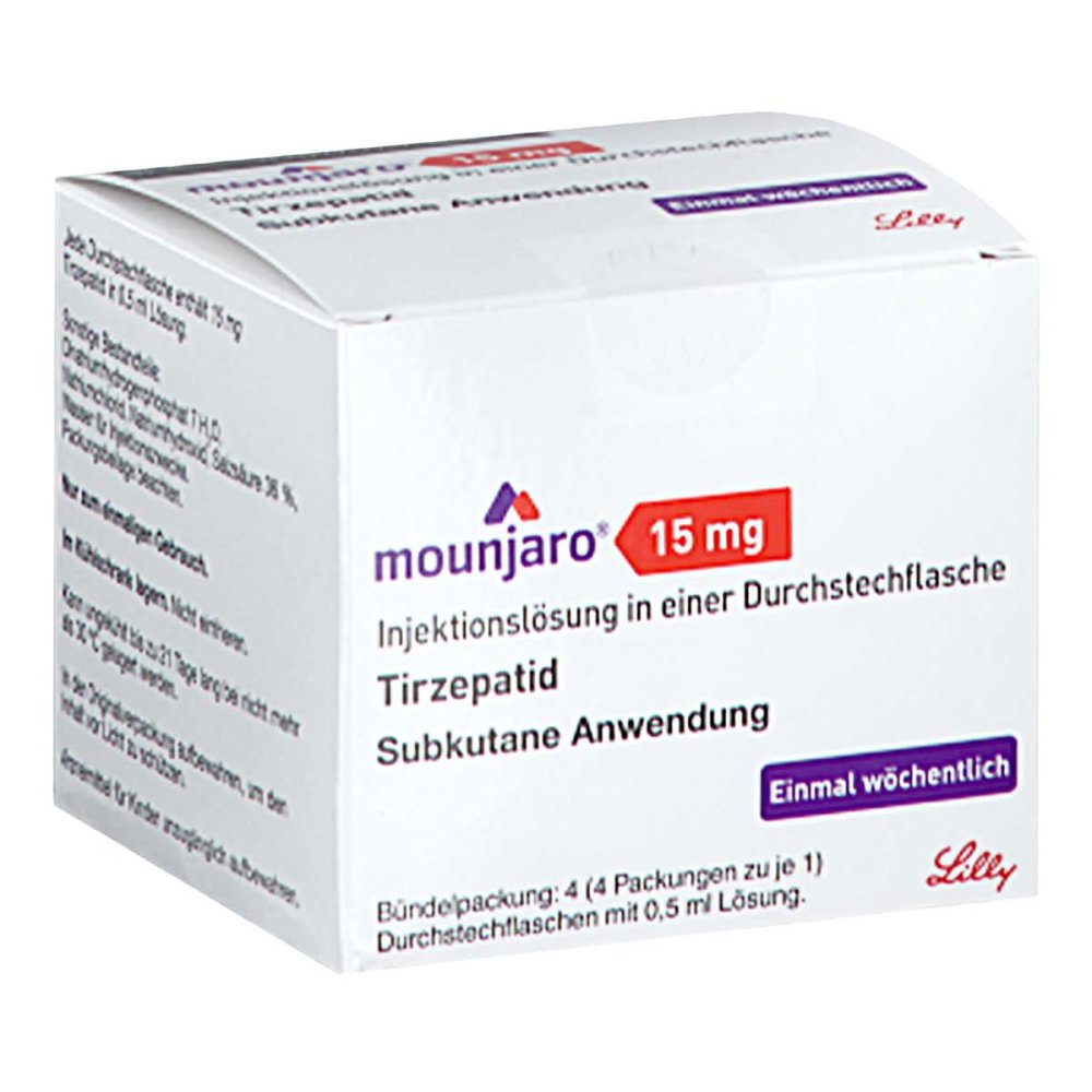 Das Produktfoto zeigt Mounjaro 15 Mg Injektionslösung I.E.Dsfl. (4 stk) PZN 18863575