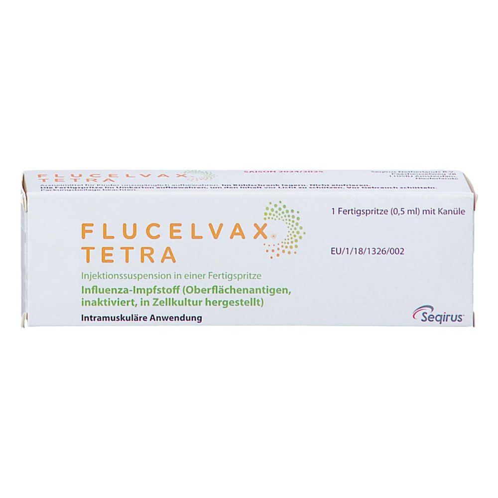Das Produktfoto zeigt Flucelvax Tetra 2024/2025 Inj.-Susp.F-Spr.M.Kanüle (1X0.5 ml) PZN 18896876