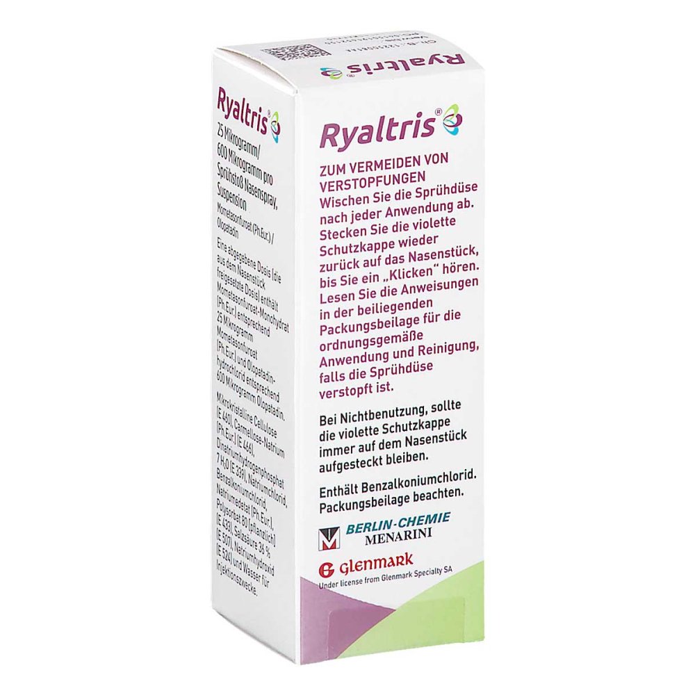 Das Produktfoto zeigt Ryaltris 25 Μg/600 Μg/Sprühst.Nasenspr.240 Spr.St. (1 stk) PZN 19145215