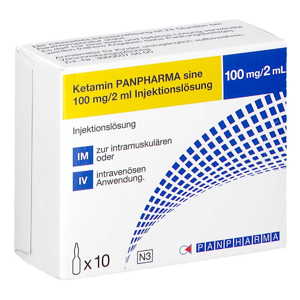 Das Produktfoto zeigt Ketamin Panpharma Sine 100 Mg/2 Ml Inj.-Lsg.Amp. (10 stk) PZN 19361953