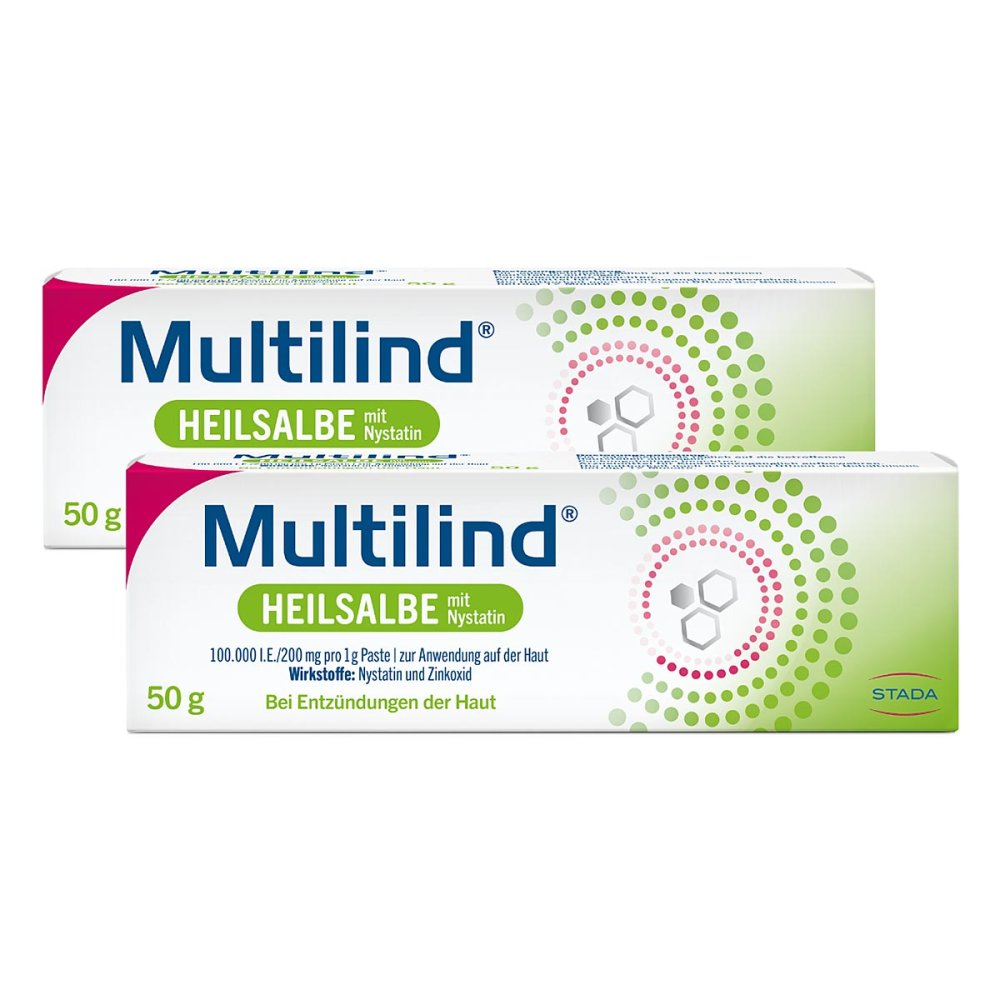 Das Produktfoto zeigt Multilind Heilsalbe M.Nystatin U.Zinkoxid (2X50 g) PZN 19373689