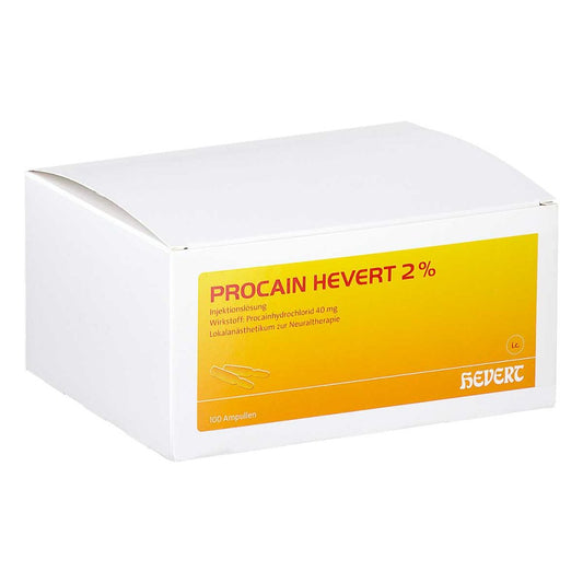 Das Produktfoto zeigt Procain Hevert 2% Injektionslösung Ampullen (100X2 ml) PZN 19771728