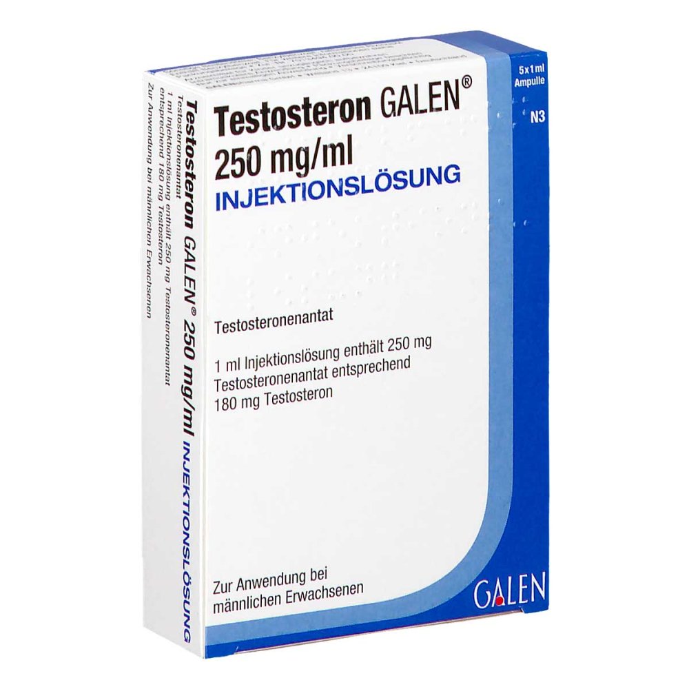 Das Produktfoto zeigt Testosteron Galen 250 Mg/Ml Injektionslösung (5X1 ml) PZN 19823046