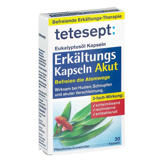Das Produktfoto zeigt Tetesept Eukalyptusöl Erkältungs Kapseln Akut (30 stk) PZN 20027805