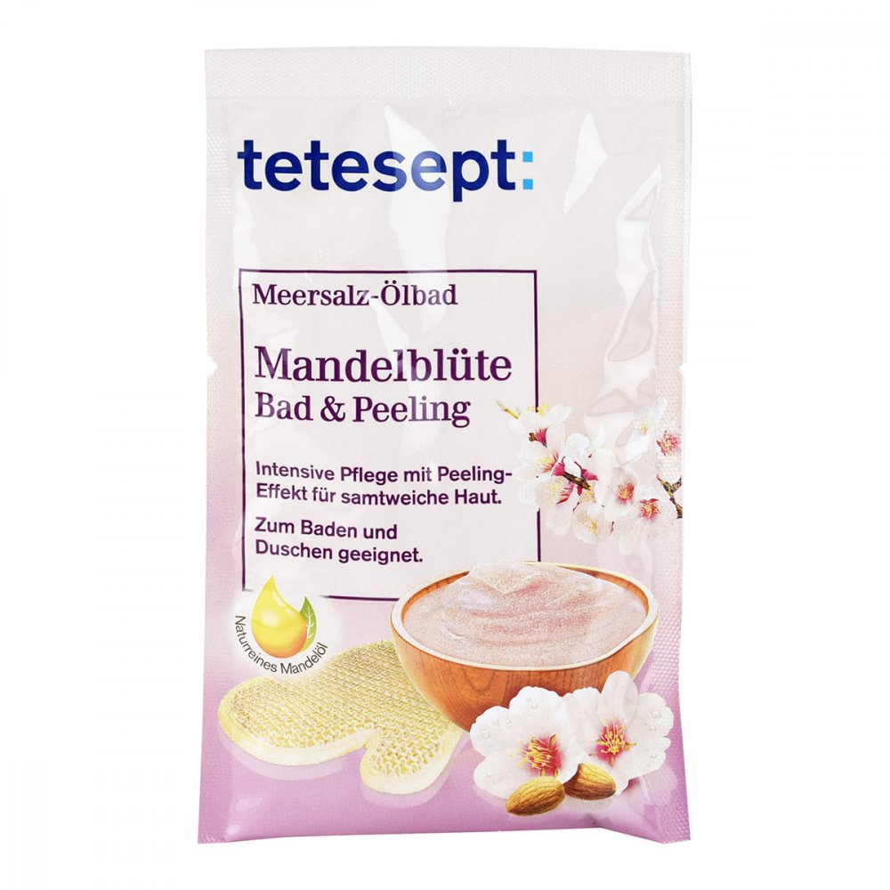 Das Produktfoto zeigt Tetesept Meersalz-Ölbad Mandelblüte PZN 09692040